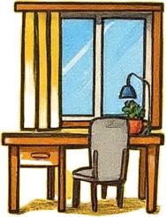 a drawing of a desk with a chair and a lamp.jpg